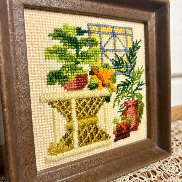 Vintage Small Plant Room Needlepoint Cross-stitch Embroidery Fiber Art Framed 6” - Picture 2 of 3